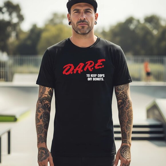 DARE To Keep Cops off Donuts T-Shirt - Retro Funny D.A.R.E. Parody Tee NEW - Picture 2 of 3